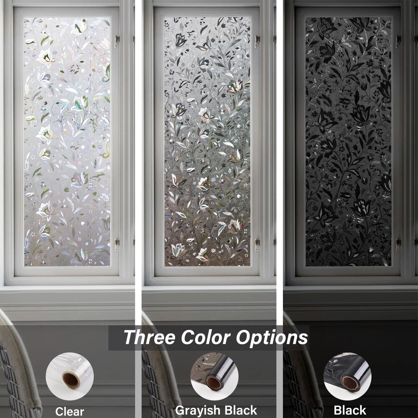 LEMON CLOUD Rainbow Static Cling Window Film, Privacy Window Film, Anti-UV Sun Protection Film for Living Room, Grayblack Tulip - 90x400cm
