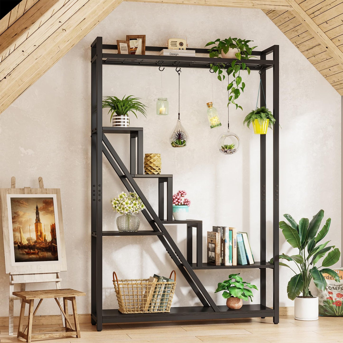 Tribesigns Flower Stand, 7-tier large plant shelf with 5 S-hooks, 180cm tall industrial wooden flower stand for indoor balcony floor plant stand living room (Black)