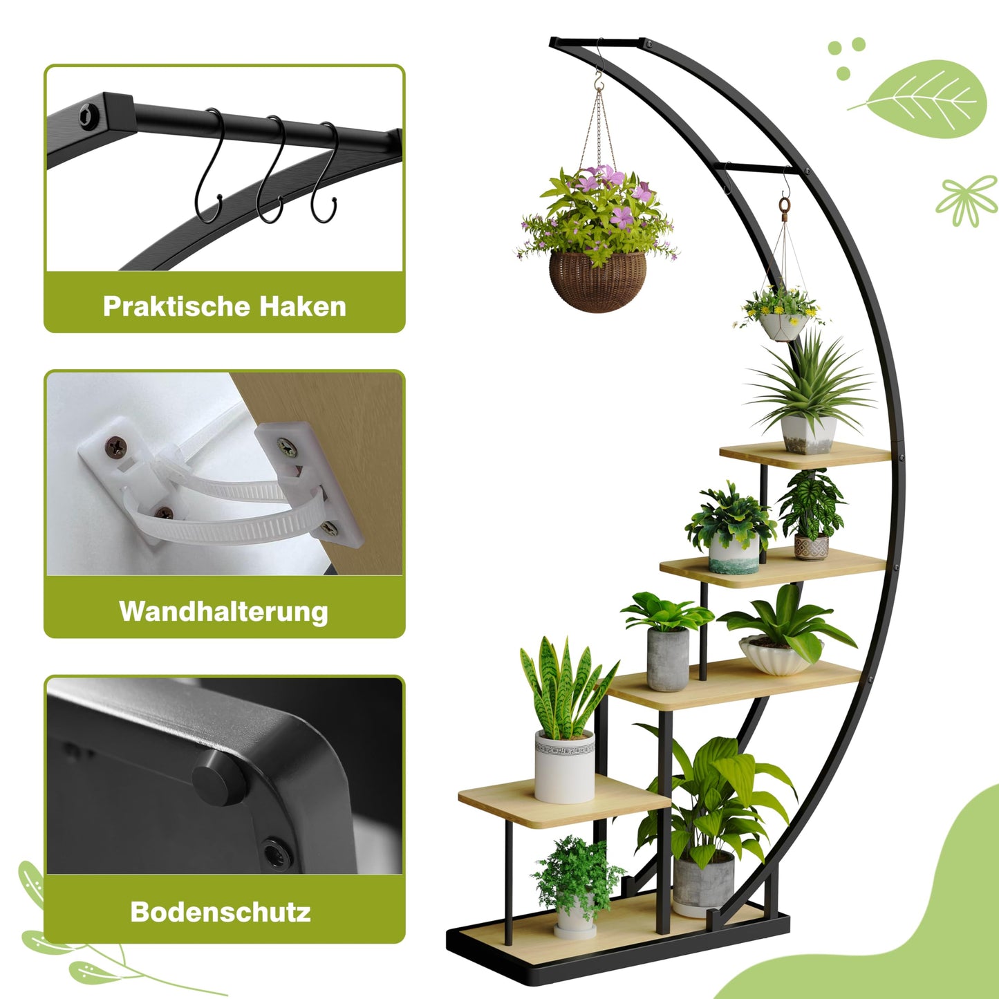 Ribelli 5-tier metal plant stand in half moon shape 172cm, plant shelf with 5 shelves & hooks, tall flower stand plant ladder with tip protection for balcony living room terrace (2 pieces, Brown)