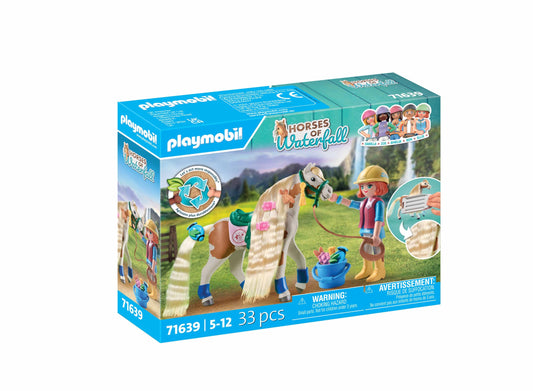 PLAYMOBIL Horses of Waterfall 71639 Ellie & Horse with styling iron, including hair accessories for creative horse hairstyles and two real silicone bracelets, sustainable toy for kids ages 5 and up.