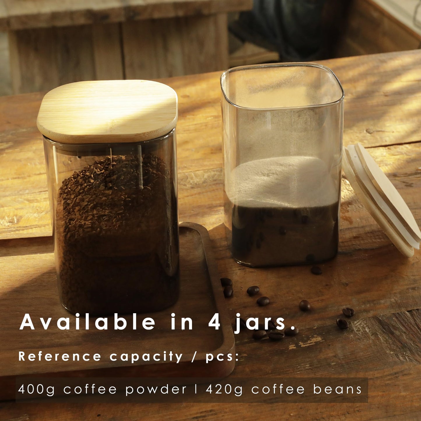 4-piece set of LIBWYS UV protection glass jars for coffee beans container tea caddy with bamboo lid square storage jar glass - 1150 ml * 4 glass containers (4pcs - LRC Edition)