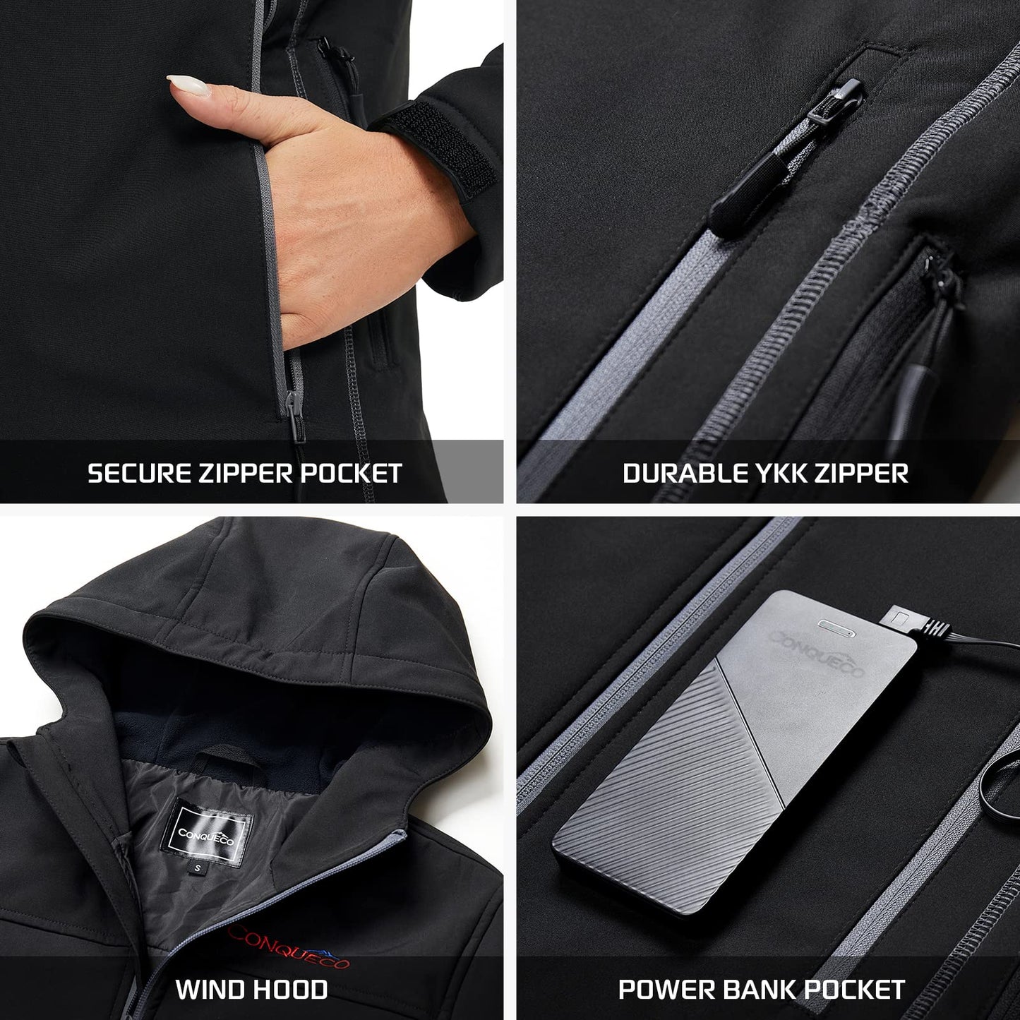 CONQUECO Heated Jacket for Women, Electric Heated Coat Waterproof Windproof with Battery for Outdoor Work and Daily Wear.
