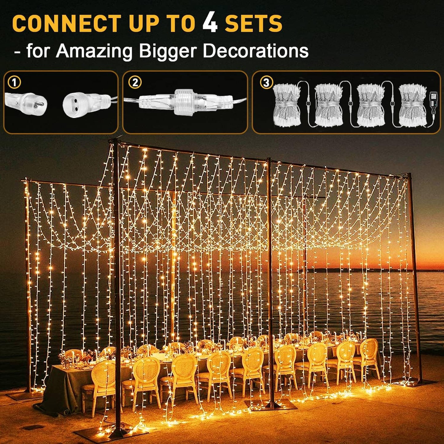 Yowin 6m x 3m 600 LED curtain lights with plug, 8 modes, waterproof waterfall light chain for outdoor/indoor use. Perfect for room, wedding, garden, pergola, and Christmas decoration.