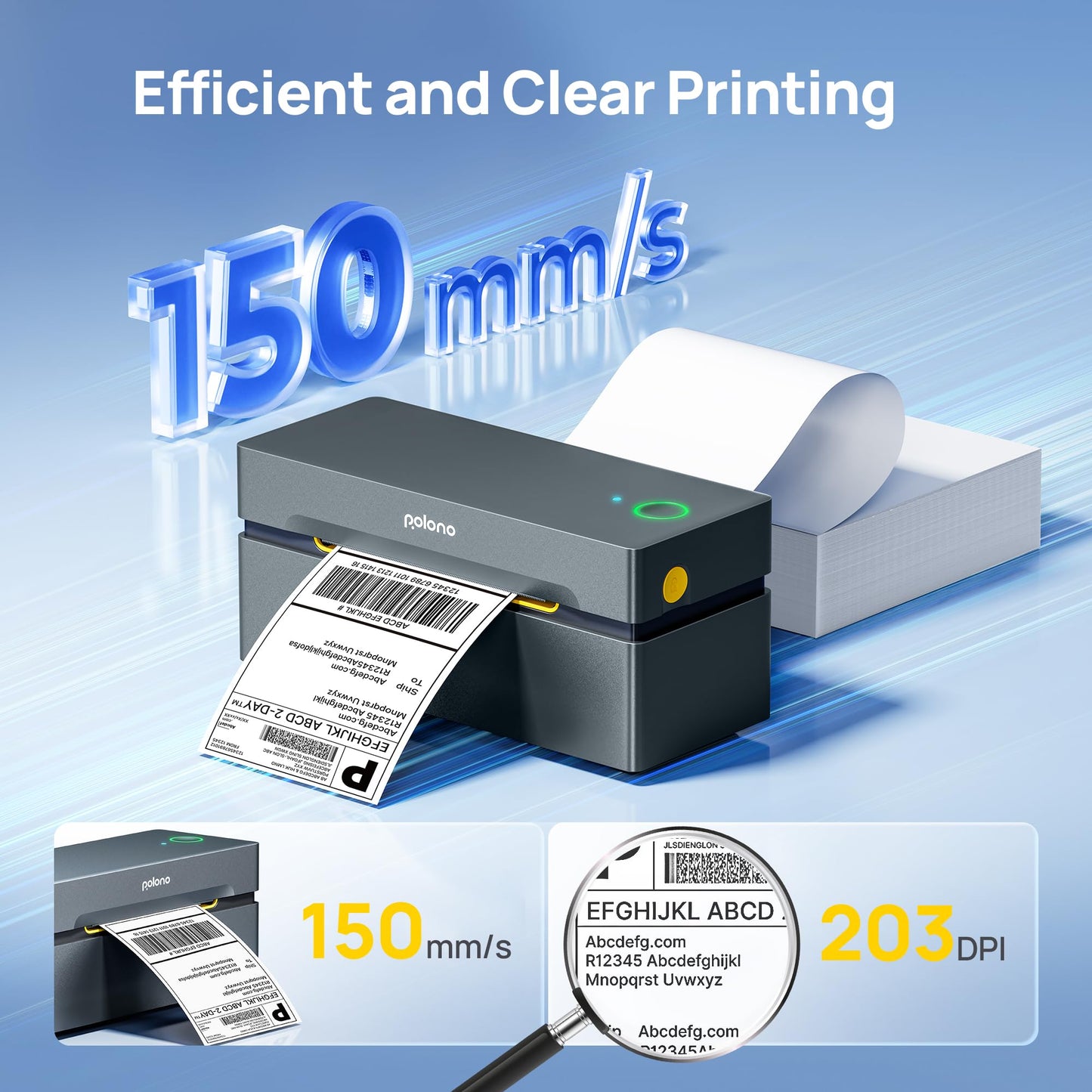 POLONO Bluetooth label printer, labeling device 4x6 DHL label printer, label printer for iOS, Android, Windows, and Mac, compatible with Amazon, eBay, Shopify, Etsy, USPS (Grey)
