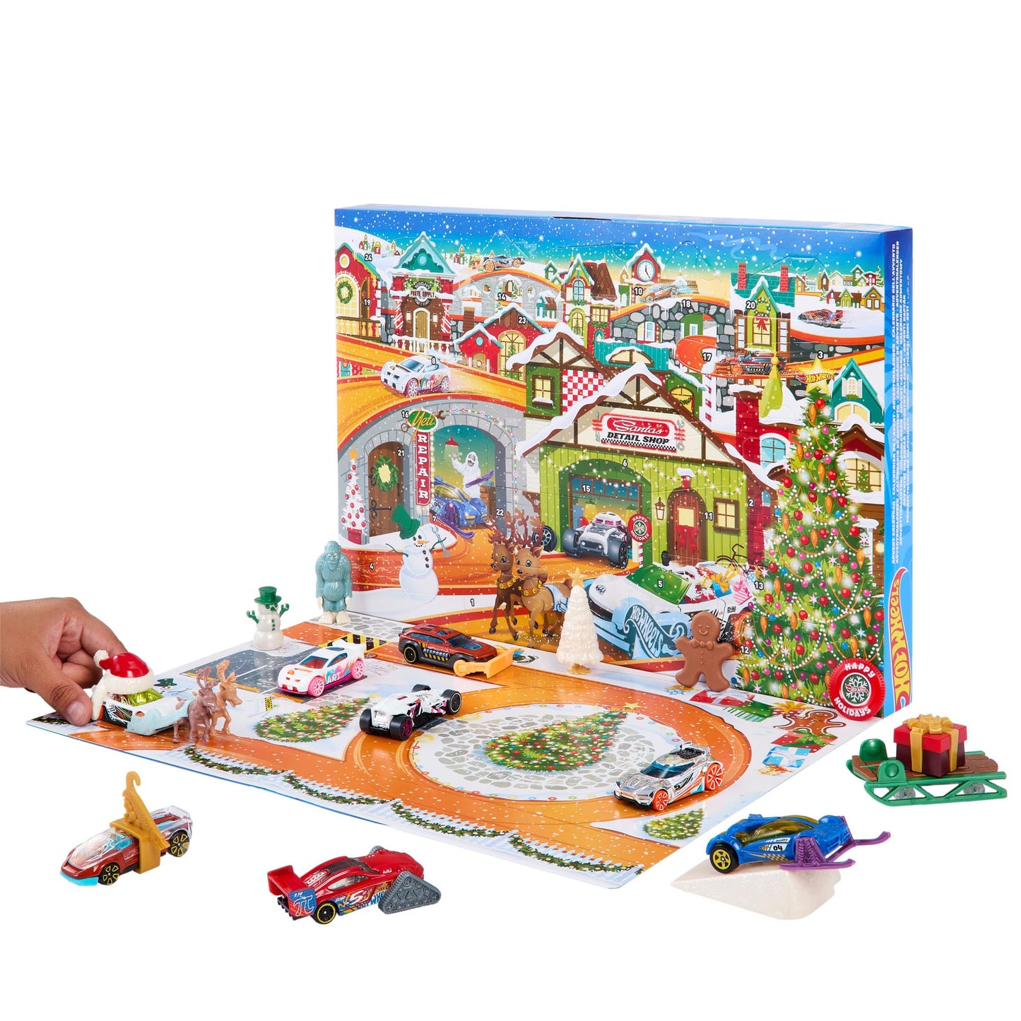 Hot Wheels Advent Calendar - 8 cars and 16 winter accessories behind 24 numbered doors, including a play mat, for kids and fans. HKL74