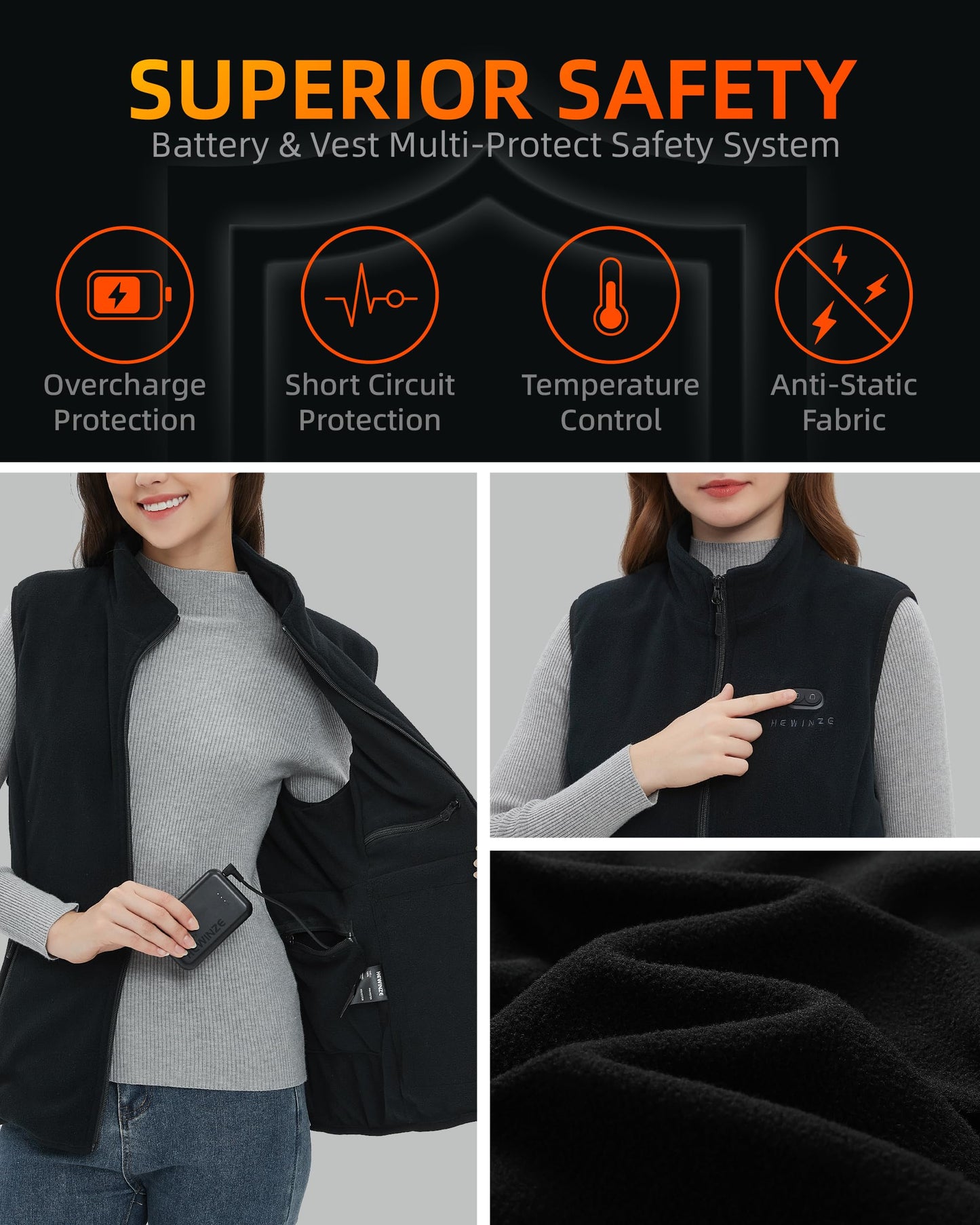 HEWINZE Fleece Heated Vest Women - Battery operated heated vest 7.4V, hunting heated vest.