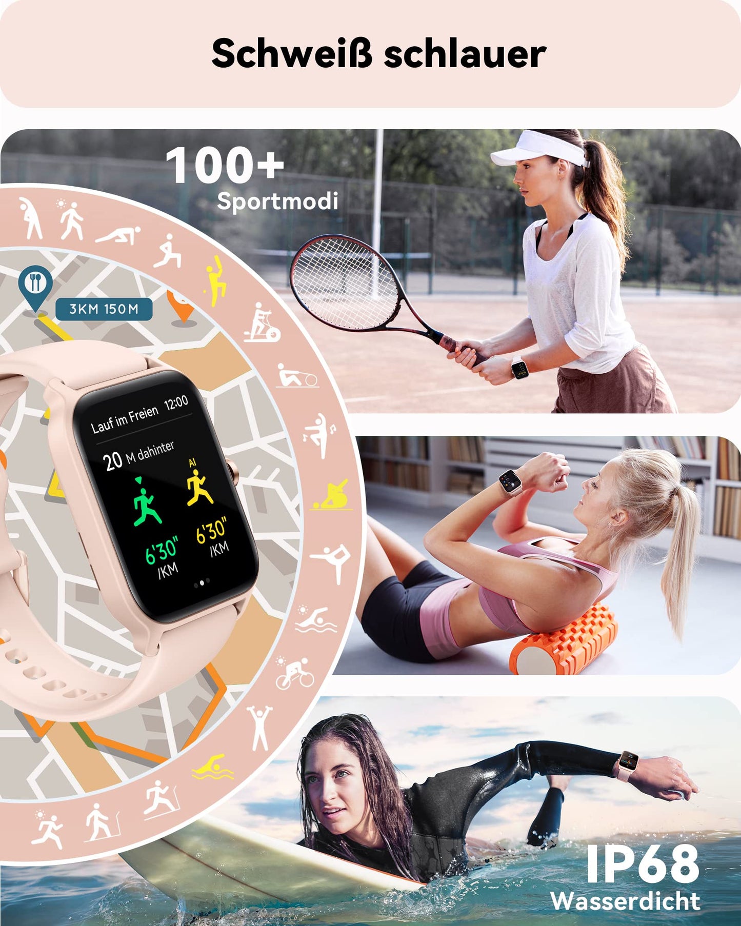 Women's smartwatch with phone function, 1.8" fitness watch for women with Alexa integrated heart rate/sleep/SpO2 monitor, pedometer watch for women with IP68 waterproof rating, 100+ sports modes, compatible with Android & IOS.