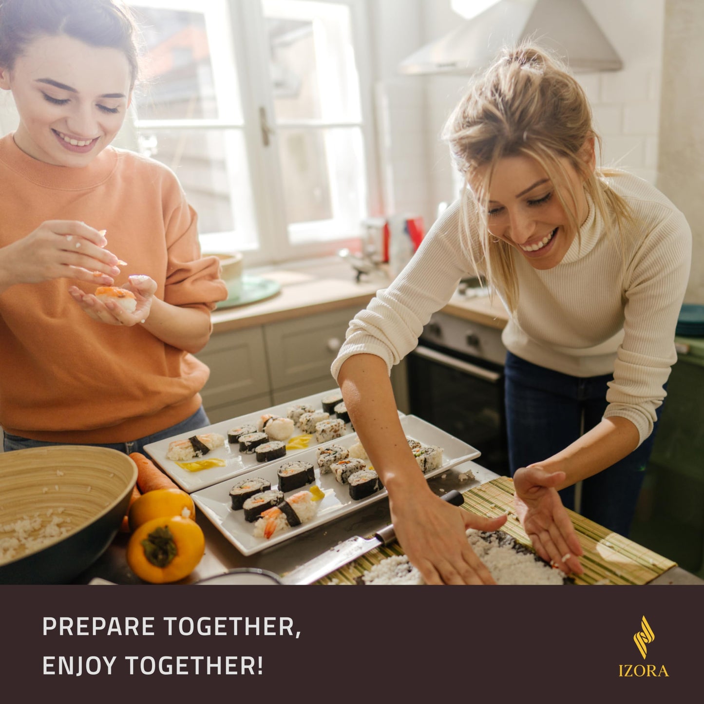 Izora Sushi Maker Set with beginner's guide including detailed instructions, easy recipe suggestions - Sushi set for making your own with stylish gift box, practical fabric bag.