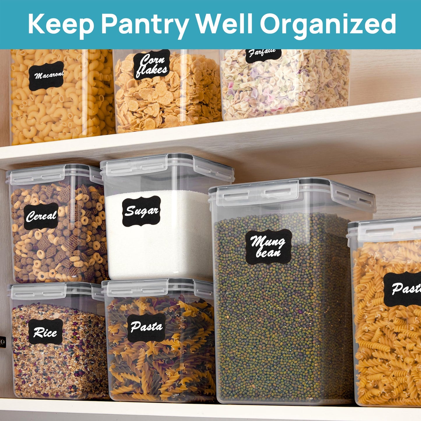 Vtopmart 10-piece set of large airtight storage containers with lids 6.5L, for flour and sugar storage, kitchen storage box for flour, cereal and sugar, BPA free, black.