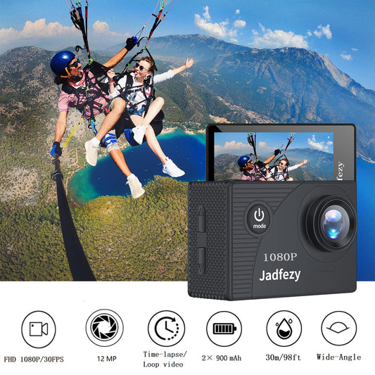 Jadfezy Action Cam FHD 1080P/12MP, underwater camera waterproof up to 30M, 140 degree wide angle action camera with two 900 mAh rechargeable batteries and accessory set.