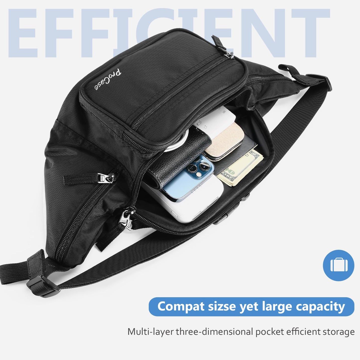 ProCase Large Waist Bag Waist Pack Waterproof Hip Bag for Men and Women Large Nylon Fanny Pack with 6 Zipper Pockets for Traveling Sports Hiking Jogging Dog Walking