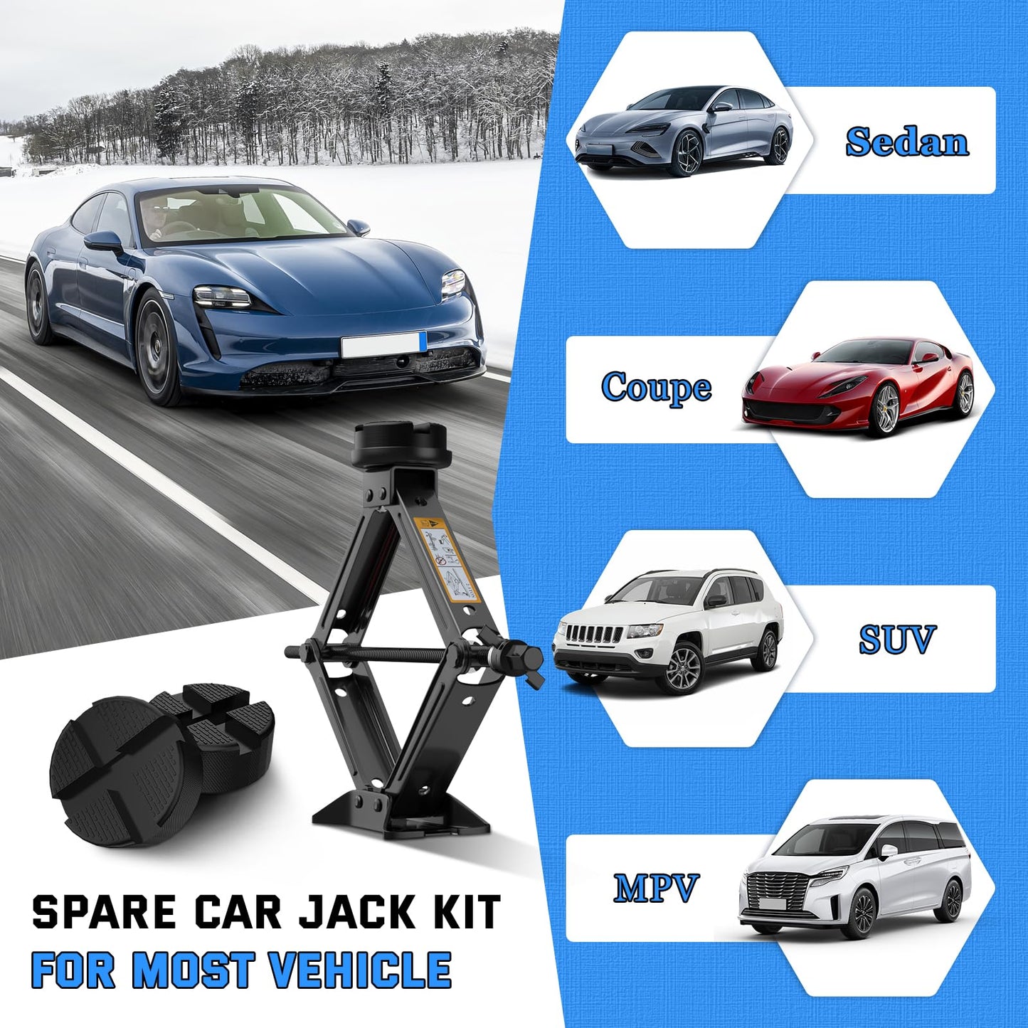IMAYCC 2.5T Jack, Universal scissor jack for car with rubber pad, Portable jack with lug wrench, Auto emergency kit for SUV MPV, Ideal for maintenance and repair