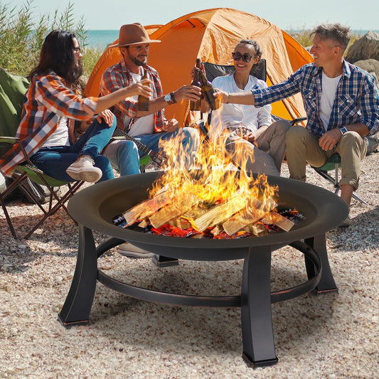 TLGREEN fire pit with spark protection, Φ76cm fire bowl with grill grate, retro-style fire pit for the garden, BBQ fire pit grill, stable and functional, black, large.