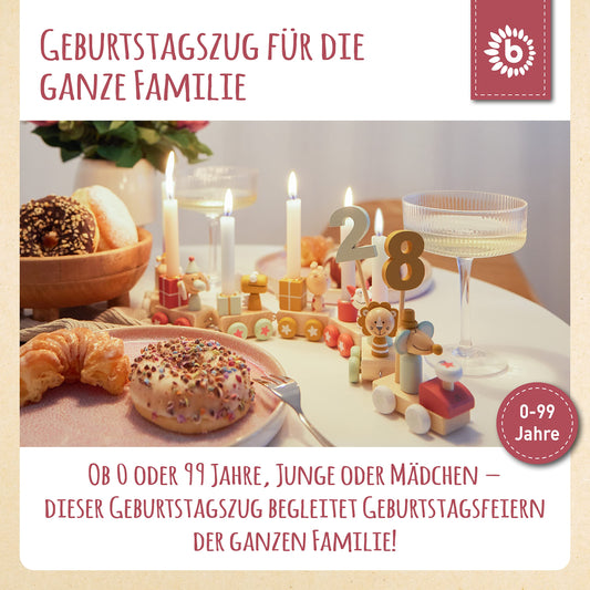 Bieco Wooden Birthday Train - Berry Look 0-99 Years - Boy - Girl 1st birthday Birthday ring Birthday plate Birthday wreath Candles Birthday candle