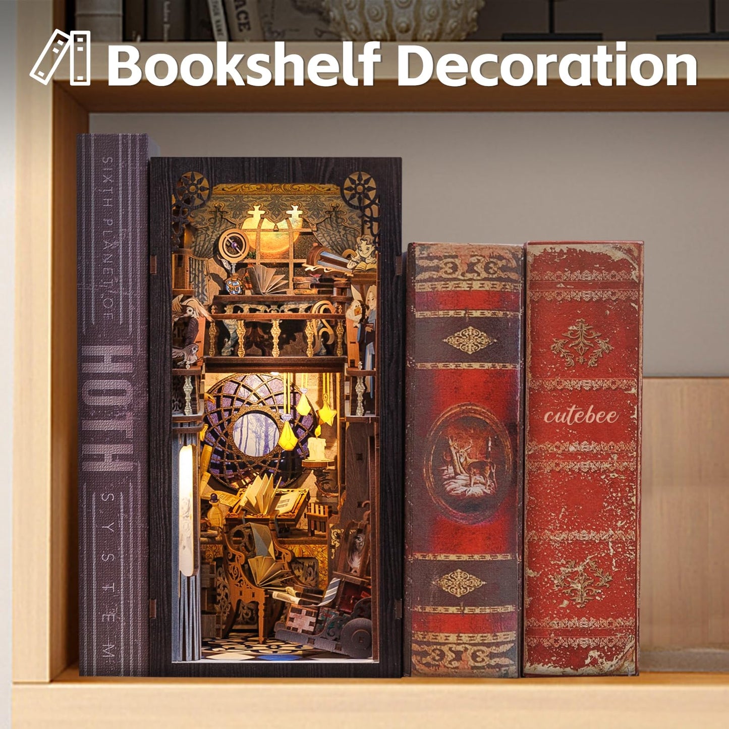 CUTEBEE Book Nook Kit - DIY Dollhouse Houses, Miniature House Building Kit for Adults with LED Lighting, 3D Puzzle & Bookshelf | Creative set for bookshelf decor | Gift (The Nebula Rest Room)