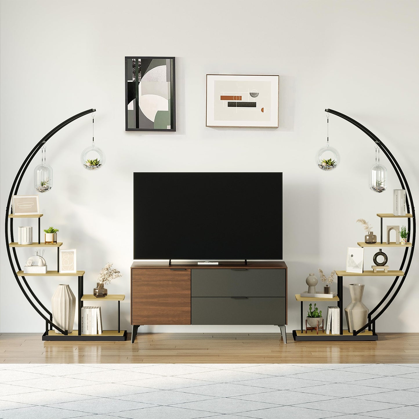 Ribelli 5-tier metal plant stand in half moon shape 172cm, plant shelf with 5 shelves & hooks, tall flower stand plant ladder with tip protection for balcony living room terrace (2 pieces, Brown)