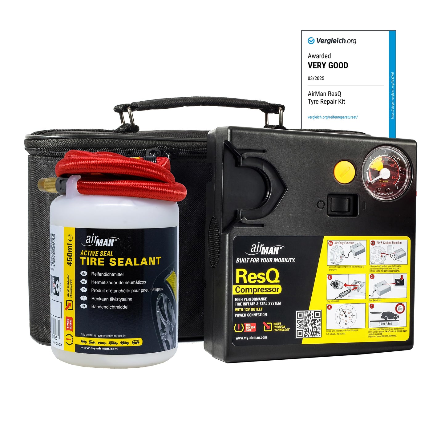 AirMan Resq tire repair kit for cars, featuring Valve-Through technology, repairs all tire types, including the powerful 12V air compressor tire sealant.