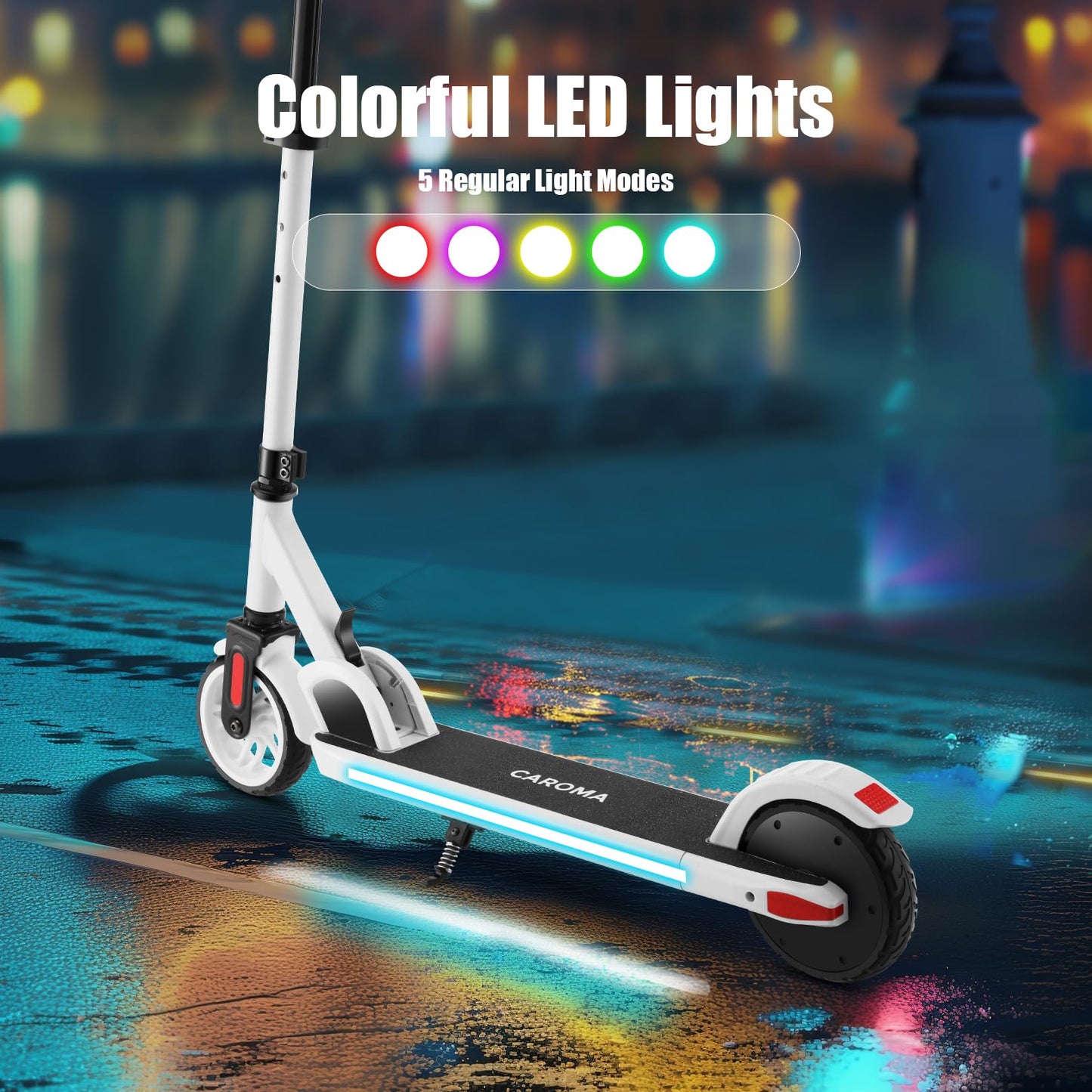 Caroma electric scooter for kids aged 6-14, 180W motor, 16 km/h, 60 min ride time, Adjustable speed & height, Colorful lights, LED display, Foldable kids electric scooter.