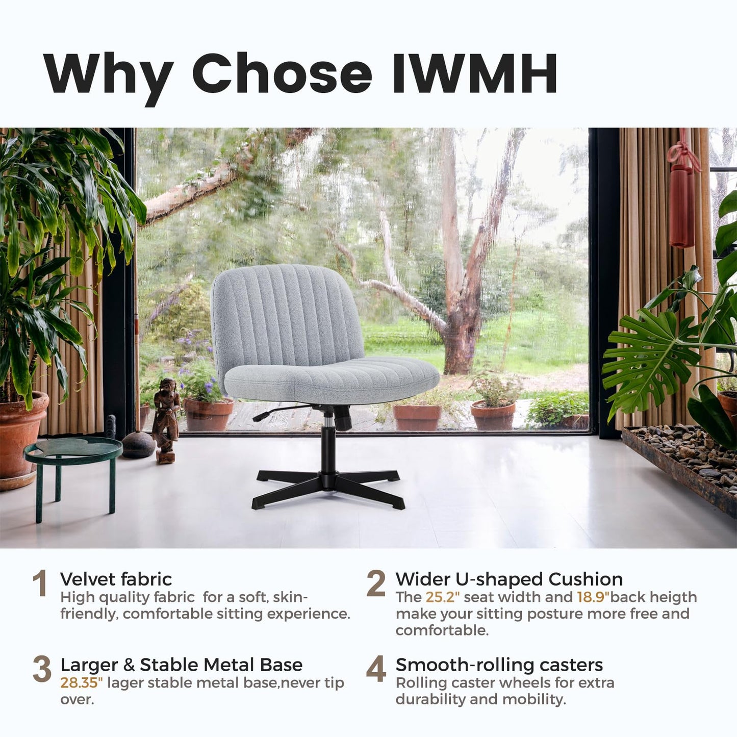 IWMH office chair without armrests, wide and thick swivel chair with wheels, height adjustable desk chair with corduroy, ergonomic chair, reading chair for sitting cross-legged (Gray)