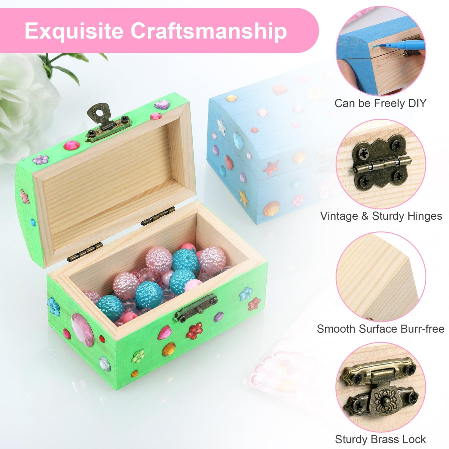 Fentar 10pcs Treasure Chest Kids Birthday, Wooden Treasure Chest Crafting Set, Small Treasure Chest for Kids, Wooden Box with Lid, Treasure Chest for Painting Kids Birthday with Markers Stickers