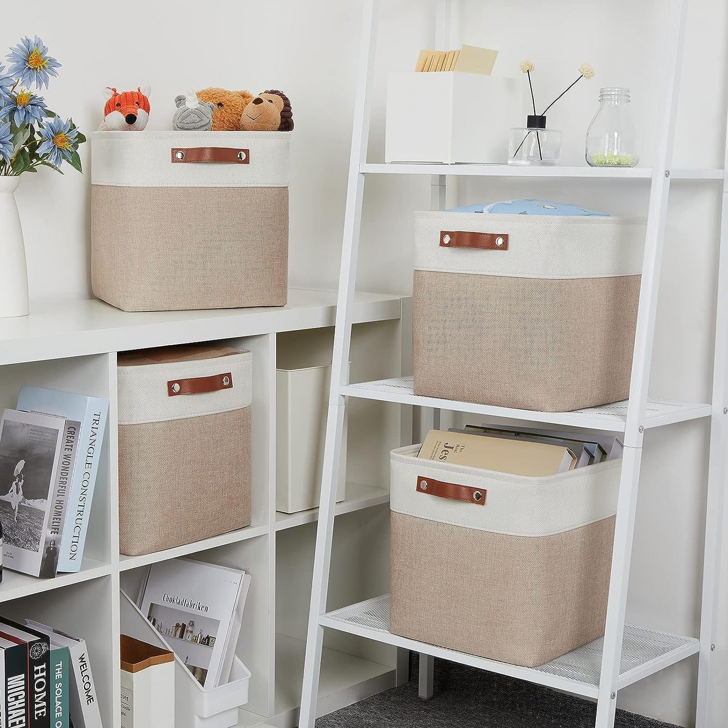 Mangata fabric storage cube 4-pack, 30x30x30cm storage basket for bedroom, craft room, kids room ▏ Light Khaki&White