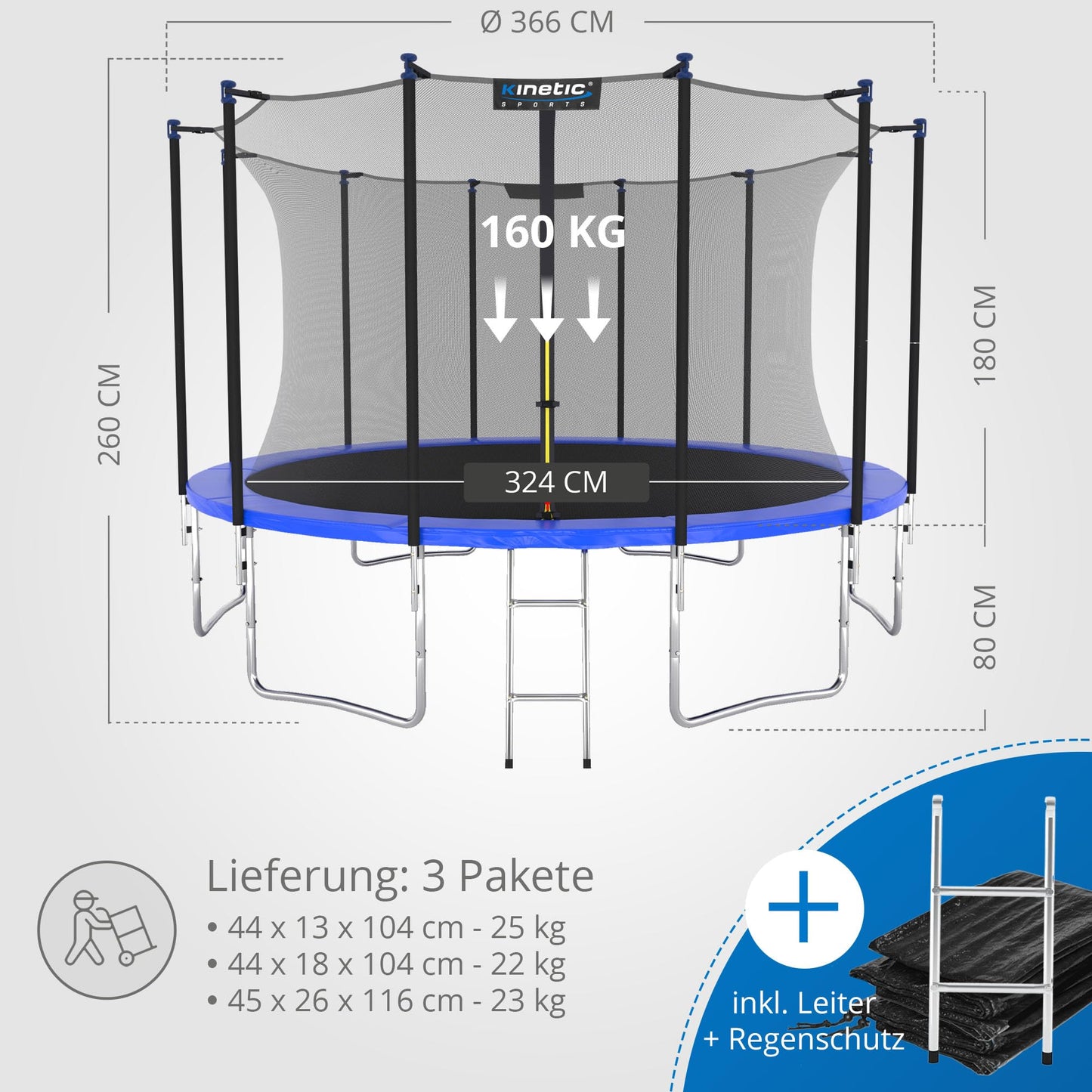 KINETIC SPORTS Trampoline Outdoor 'Salto Plus' Ø 183/244/305/366/400/430/490 cm - Complete Set for Kids, USA Jumping Mat, Net, Padding, Ladder - up to 160kg.