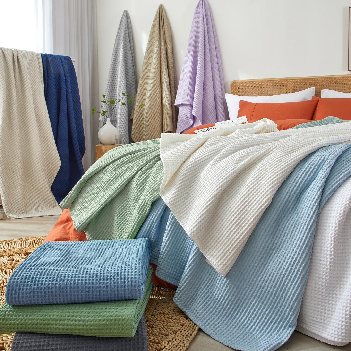 PHF 100% Cotton waffle blanket Throw 150x200cm, lightweight & breathable, perfect for summer - Oeko-TEX® Certified - Hotel-grade quality - Ideal for sofa, couch, bed, Grass Green.