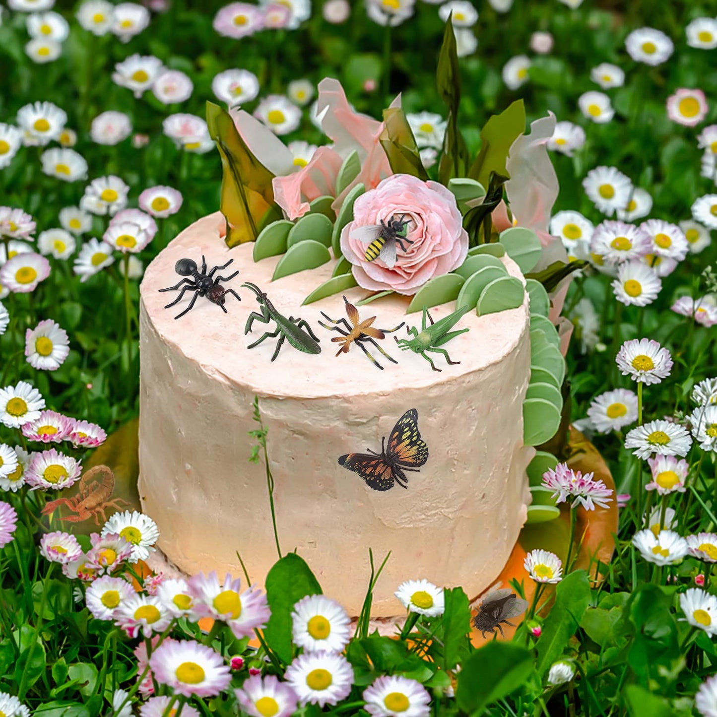 Realistic insect toy figures set of 12 pcs, featuring a ladybug, bee, butterfly, ant, cricket, praying mantis, scorpion, and spider. Great for school projects, Halloween, insect-themed parties, and party favors.