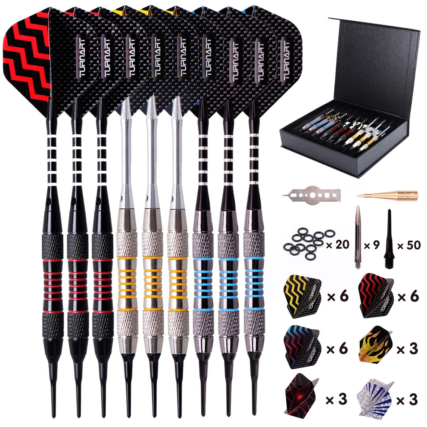 Soft tip darts set of 9 pieces weighing 18 grams, includes 50 extra dart tips, 20 rubber o-rings, 27 flights, and a 9 piece tool kit for electronic dartboards (tungsten).