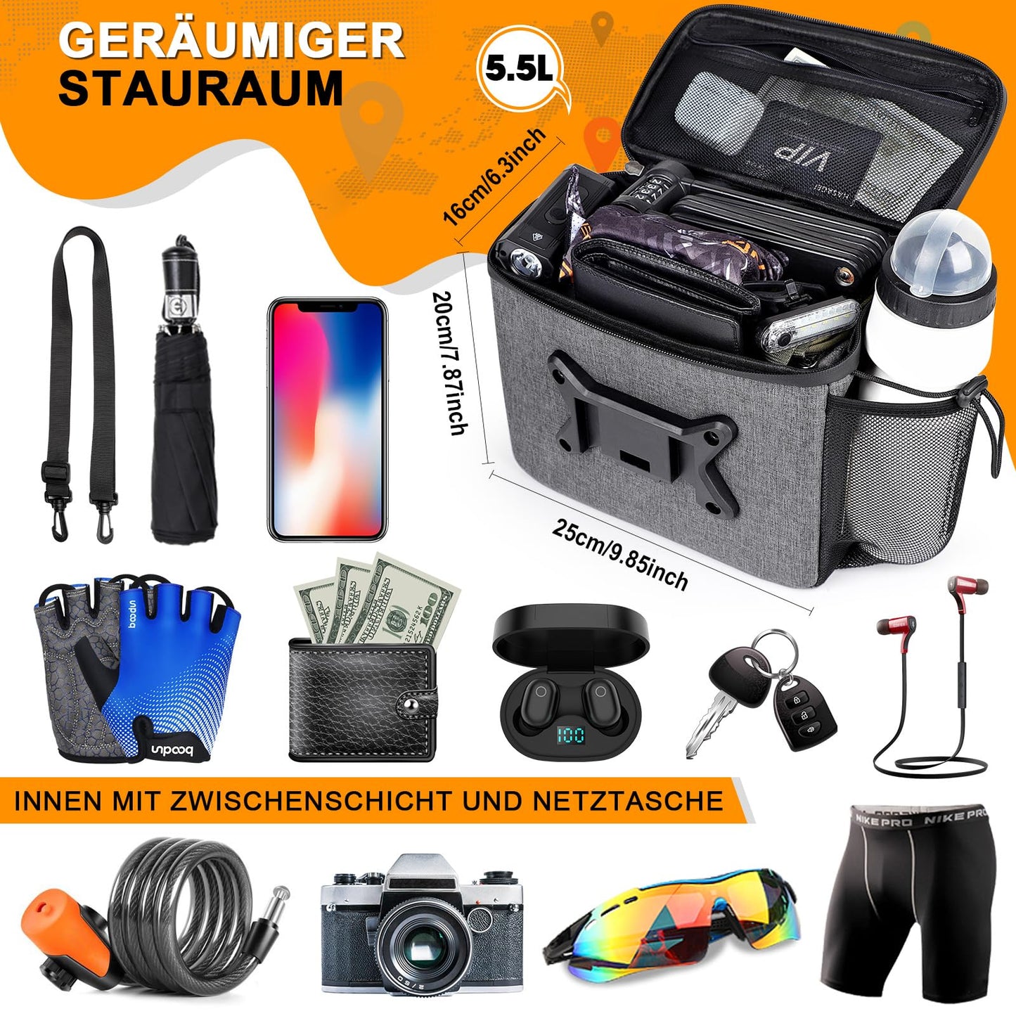 GXCROR handlebar bag for bike 5.5L Waterproof, with touchscreen phone holder & shoulder strap - Universal for e-bike, mountain bike, city bike.