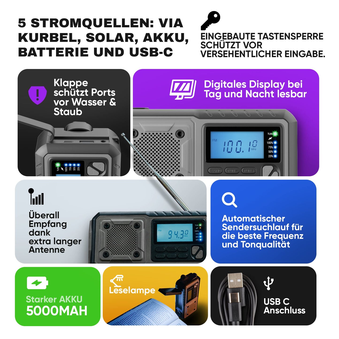 Acta Mountain Crank Radio | Emergency radio with crank & 5000 mAh battery | Solar radio with world receiver | Hand-cranked blackout emergency equipment | Functions as flashlight & charger, AM/FM/SW, with USB, Grey