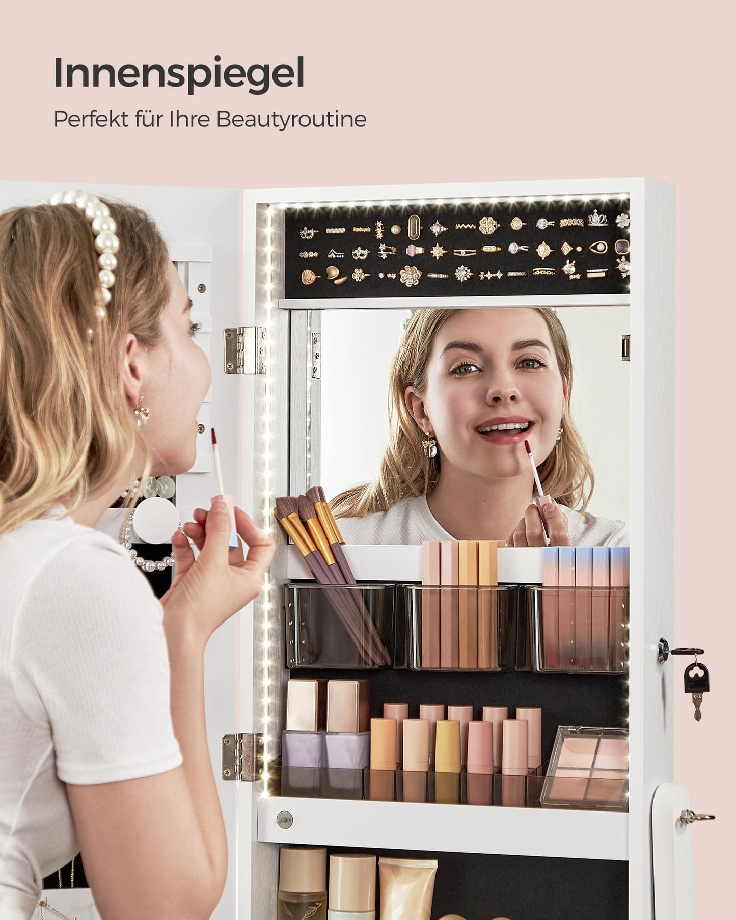 SONGMICS Jewelry Cabinet, Mirrored Cabinet with Frameless Full-Length Mirror, LED Lighting, Inner Mirror, 2 Drawers, Lockable, Cloud White JJC023W01