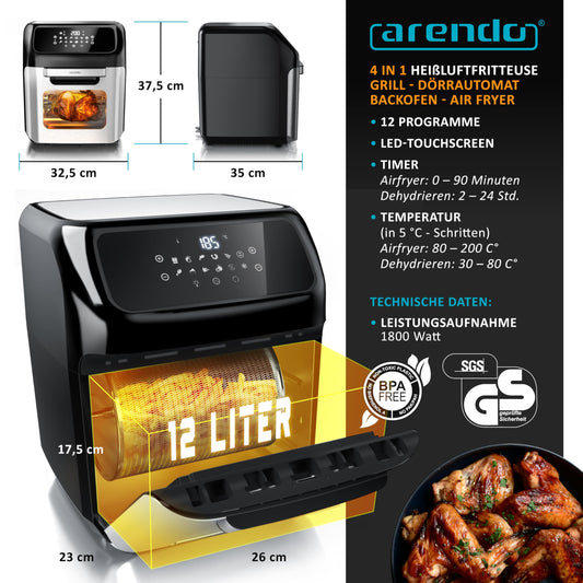 Arendo - Hot air fryer XXL with LED touchscreen- 12 liter - grill - dehydrator - oven - air fryer - touchscreen - easy&clean - oil-free fryer - convection - pizza, chicken, fries - BPA free