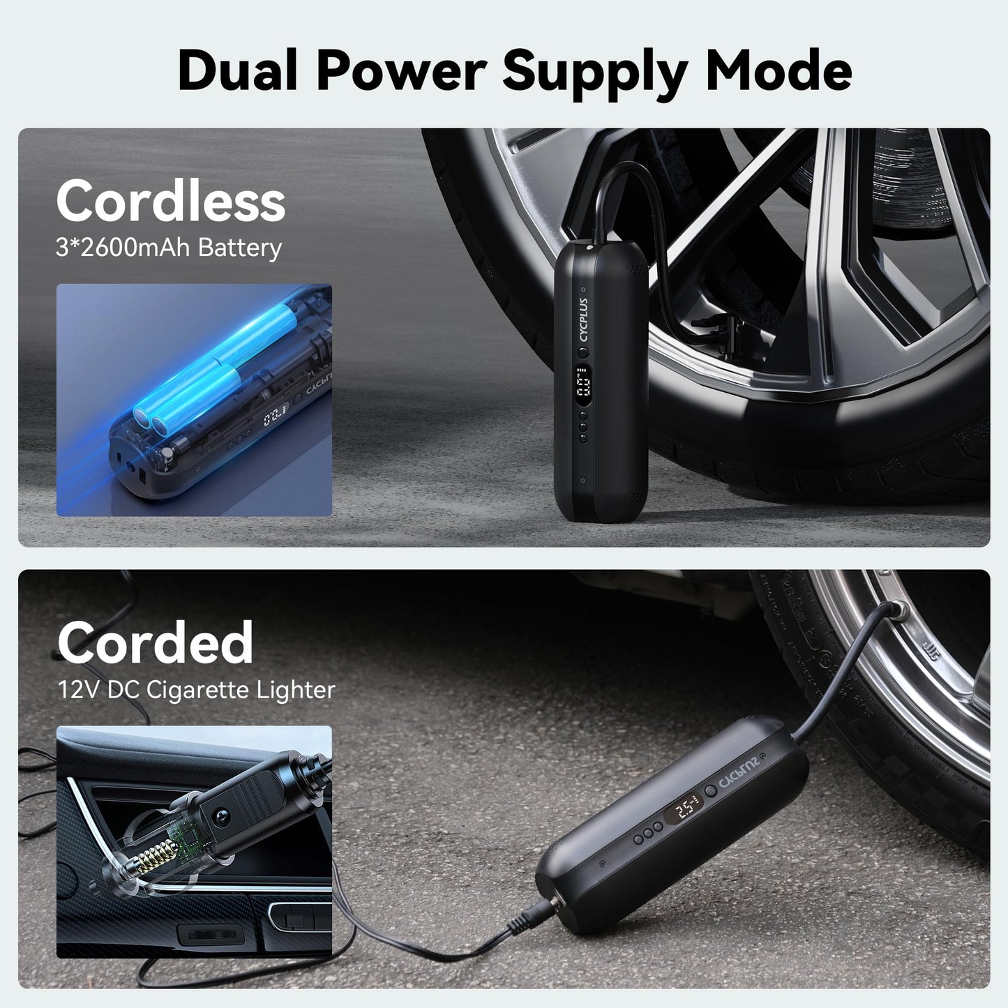 CYCPLUS air pump, 12V DC/AC 2-in-1, Max 150PSI automatic shutdown electric compressor portable bike pump mini tire pump for all bikes motorcycles and cars
