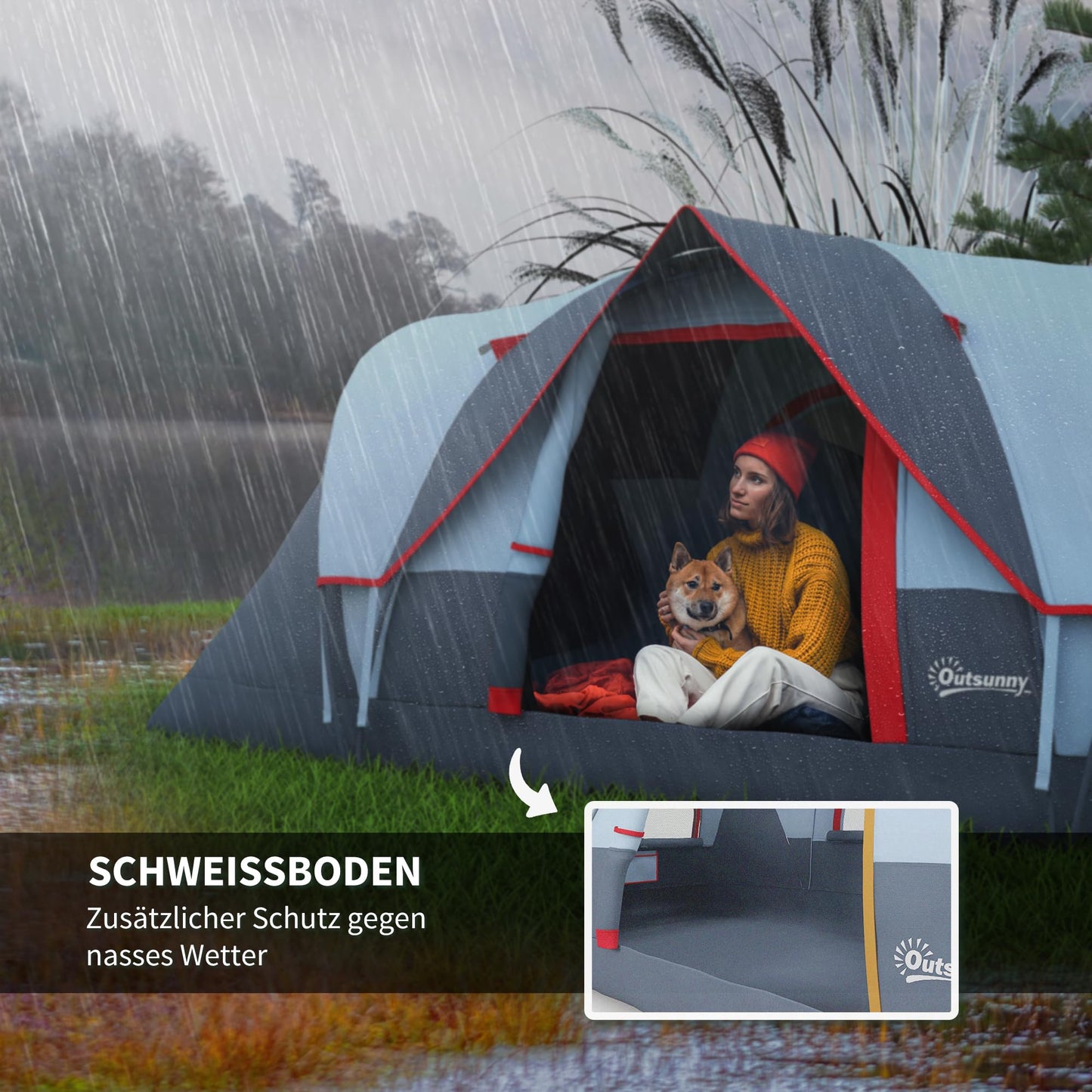 Outsunny camping tent for 5-6 people, sturdy and waterproof. Family tent with entrance, window, and carrying bag. 3000mm water column tunnel tent for camping, travel, and garden. Light grey.