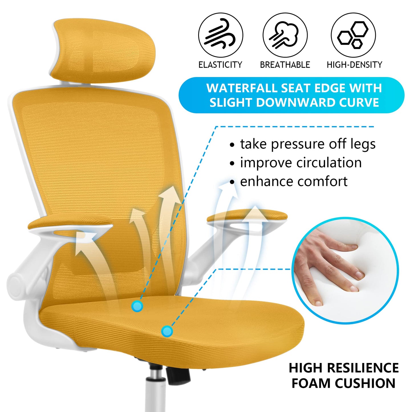 KERDOM Office Chair Ergonomic, Breathable Desk Chair with Adjustable Headrest, Armrests, Swivel function up to 135°, Executive Chair made of Mesh.