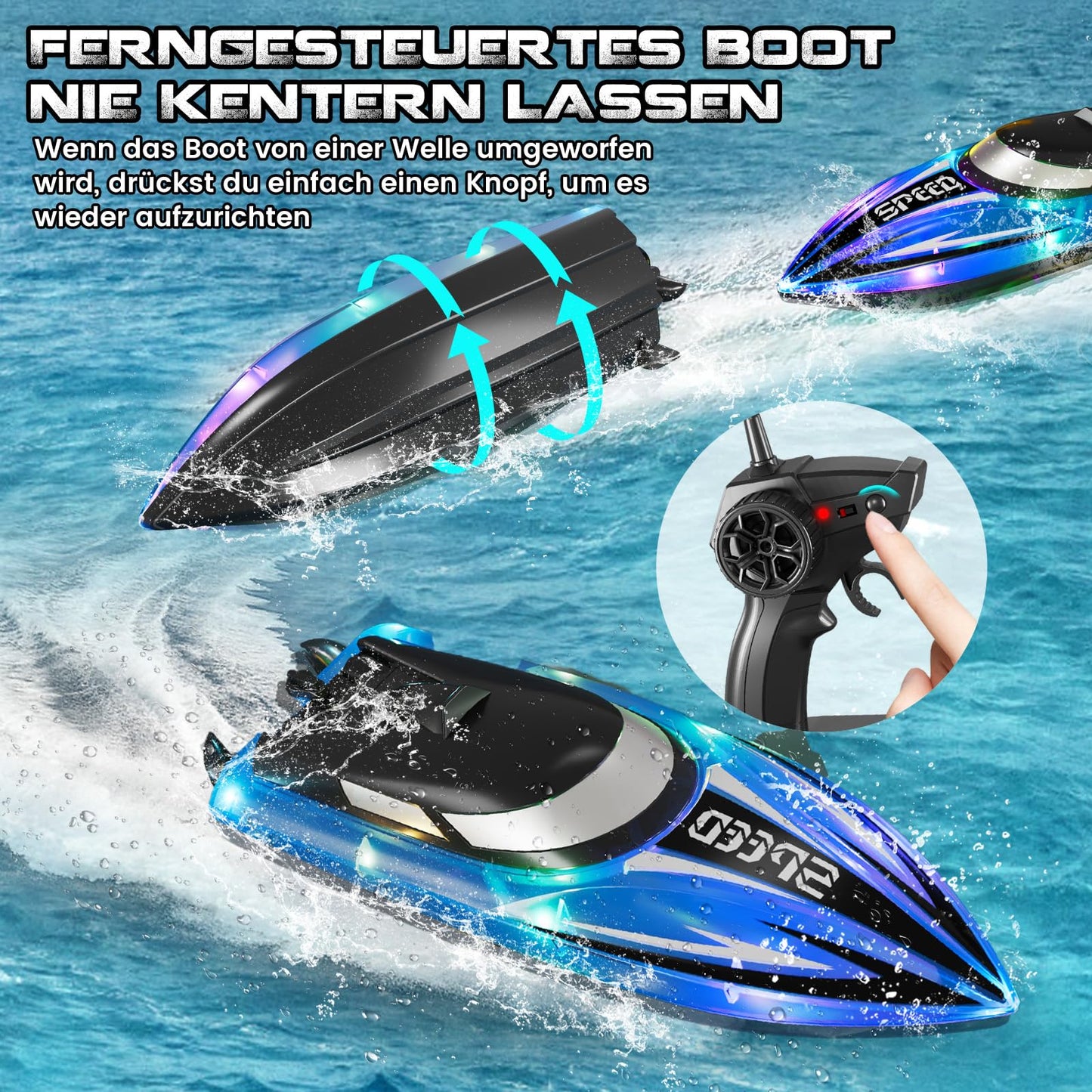 YOOHBERRYS Remote Control Boat 2 Pack, RC Boat with LED Light for Pools and Lakes, 2.4 GHz Remote Controlled Boats RC Racing Boat, Speedboat Pool Toy for Kids and Adults (Red + Blue)