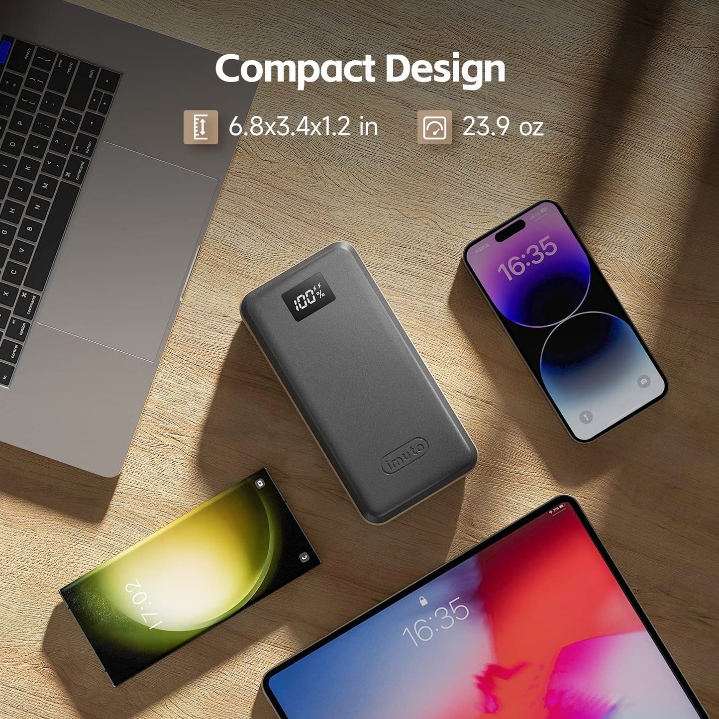 imuto Powerbank PD 65W 27000mAh Power Delivery USB C external battery Quick Charge 3.0 charger compatible with laptop MacBook Pro/Air Dell Surface Go Lenovo iPhone 16 Huawei Galaxy tablet Steam Deck