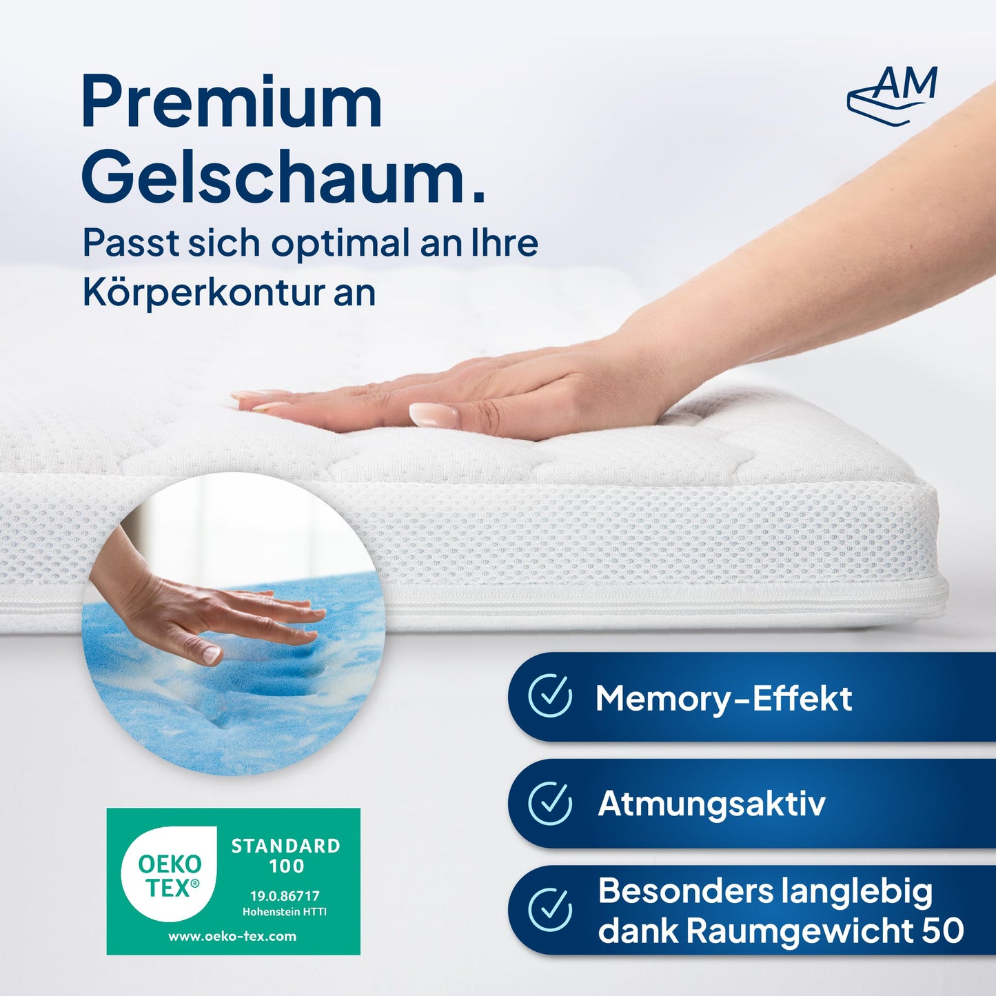 AM Quality Mattress Gel Topper 180x220cm soft - Made in Germany - Gel foam topper 180x220 with Lyocell cover & anti-slip function - Adaptive memory foam mattress topper 180x220