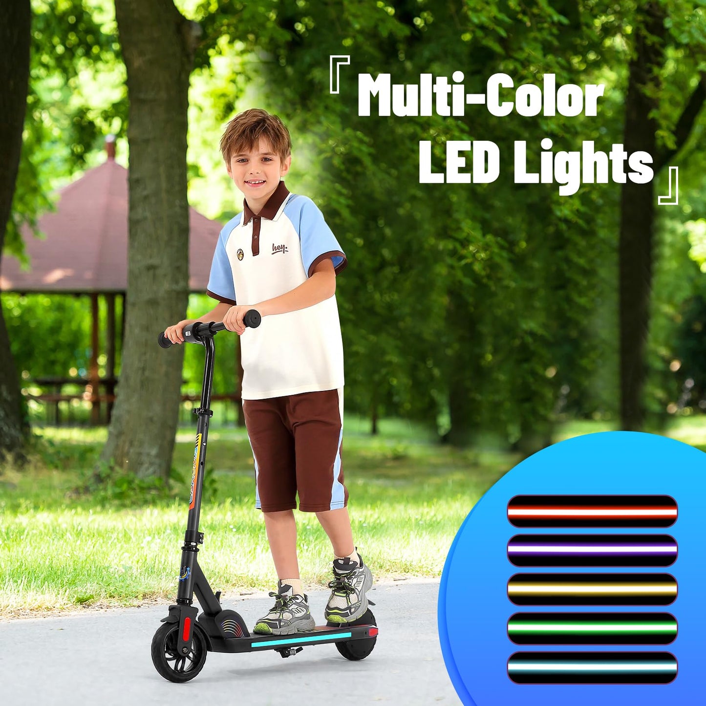 Caroma E-Scooter for kids aged 6-14, 180W motor, 16 km/h, 80 mins ride time, adjustable speed and height, colorful lights, LED display, foldable kids electric scooter