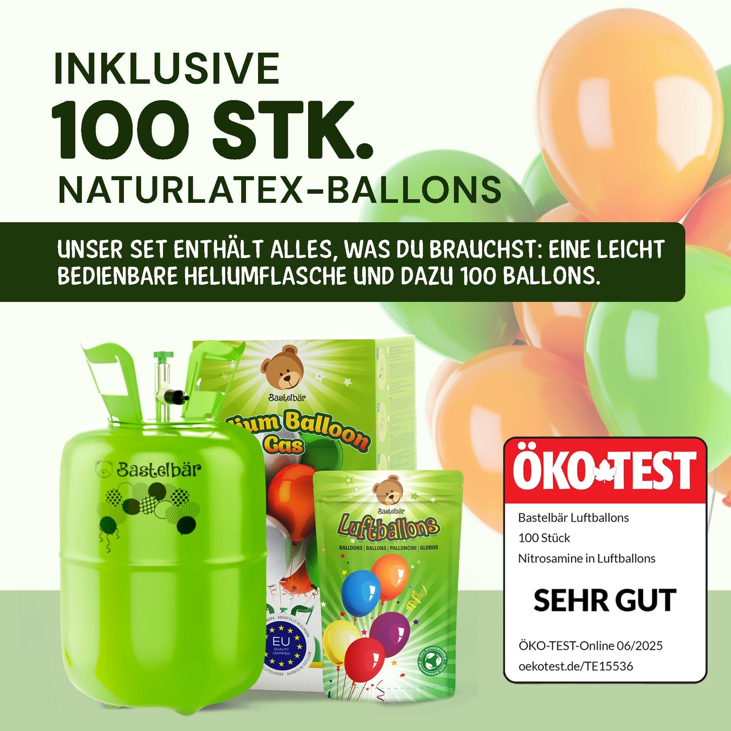 Helium gas cylinder + 100 balloons ECO-TEST "VERY GOOD" β’ guaranteed 420l balloon gas β for approx. 50 balloons β MADE IN EU β Helium Balloon Gas β’ practical filling system for parties, weddings, birthdays.