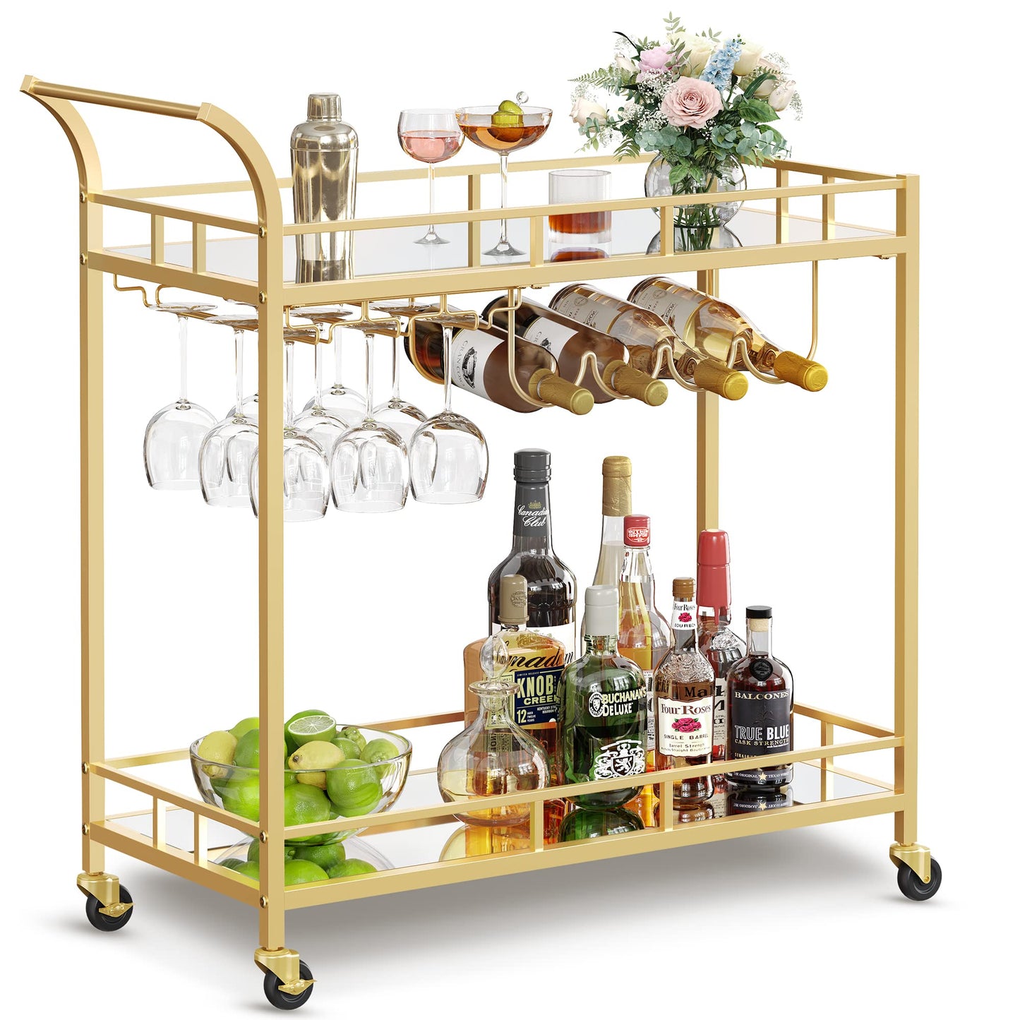 VASAGLE serving cart, rolling cart, glass holder, 2 mirrored glass shelves, bar cart, wine cart, for kitchen, dining room, bar, gold color LRC090A03