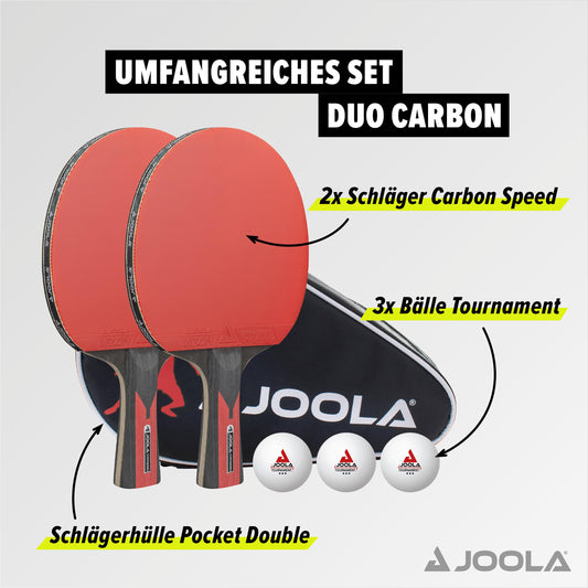JOOLA Table Tennis Set Duo Carbon 2 table tennis rackets + 3 table tennis balls + table tennis case, red/black, 6 pieces