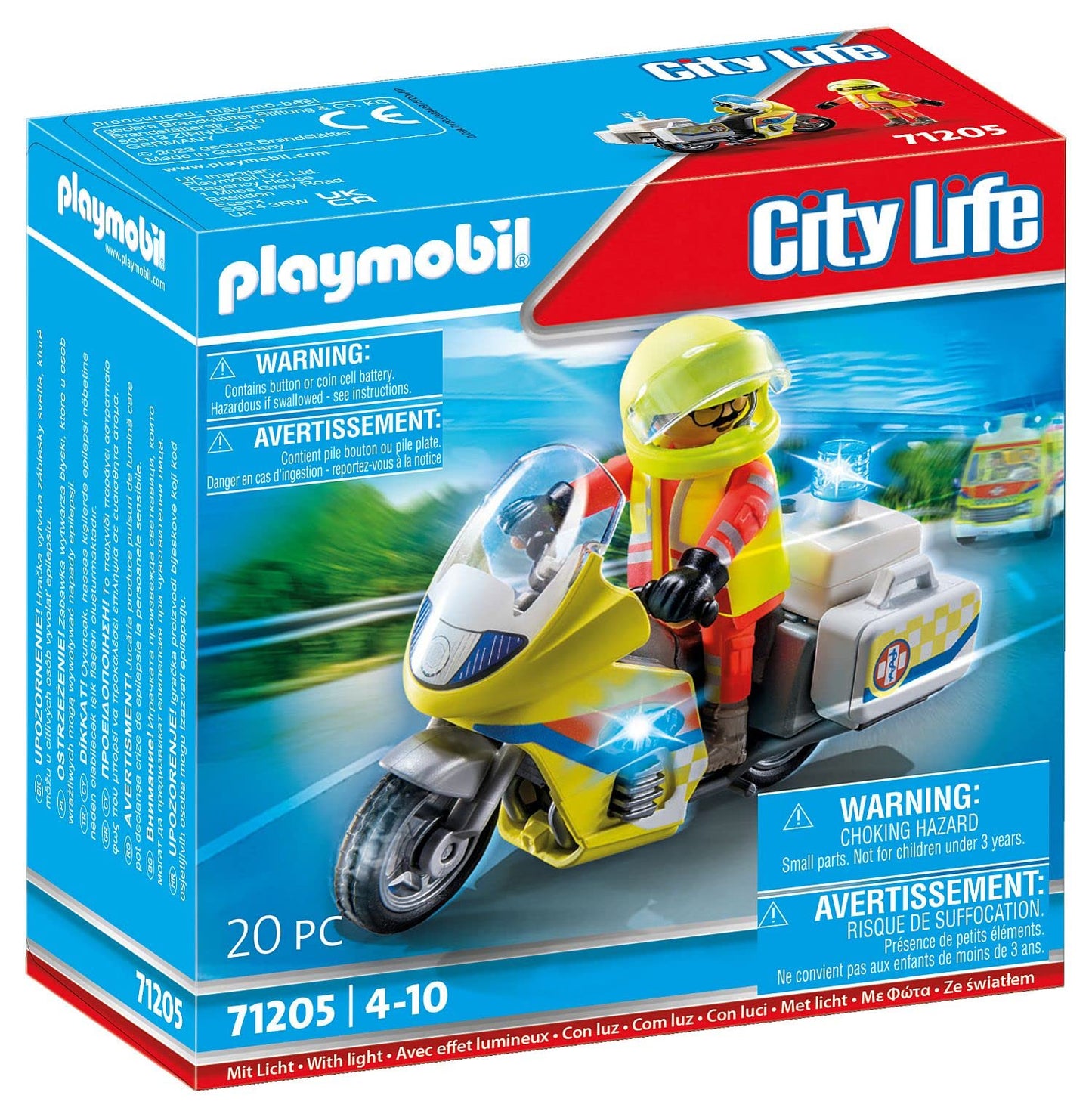 PLAYMOBIL City Life 71205 Paramedic Motorcycle with Light, Toy for Kids 4+ & City Life 71204 Rescue Cart, Toy for Kids 4+