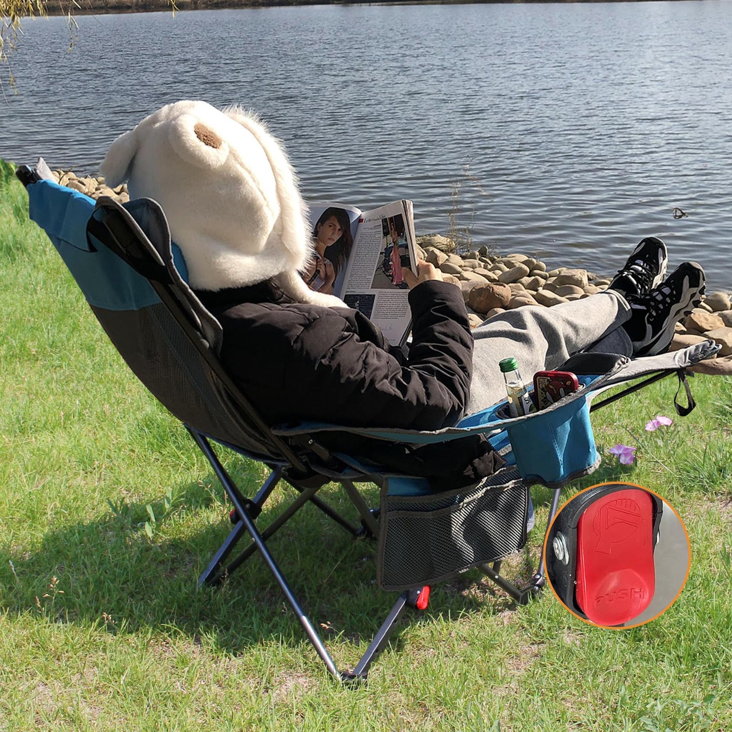 POEPORE camping chair with footrest 4-position adjustable beach chair recliner fishing chair adult camping chairs with cotton pad cushion drink holder armrest pockets Blue