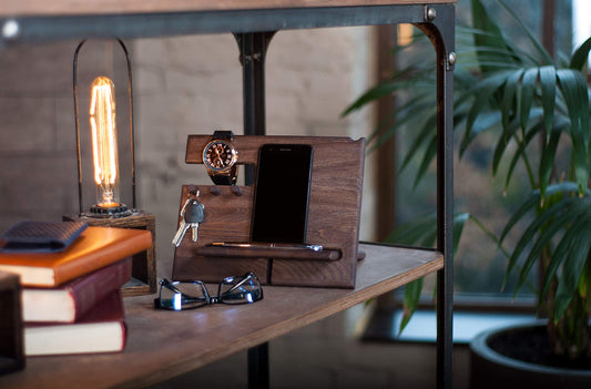 TESLYAR Desk Organizer Wood Ash Wenge - Phone Stand & Key Organizer with 3 Hooks for Office Storage & Organization - Wooden Gifts for Men Ideas