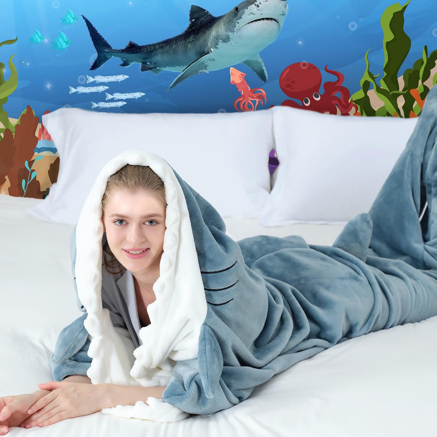 QUSLLIS Shark Blanket - Shark Blanket - made of super soft, cozy flannel with hood, shark tail, blanket hoodie, sleeping bag, portable blanket for adults and children - XL