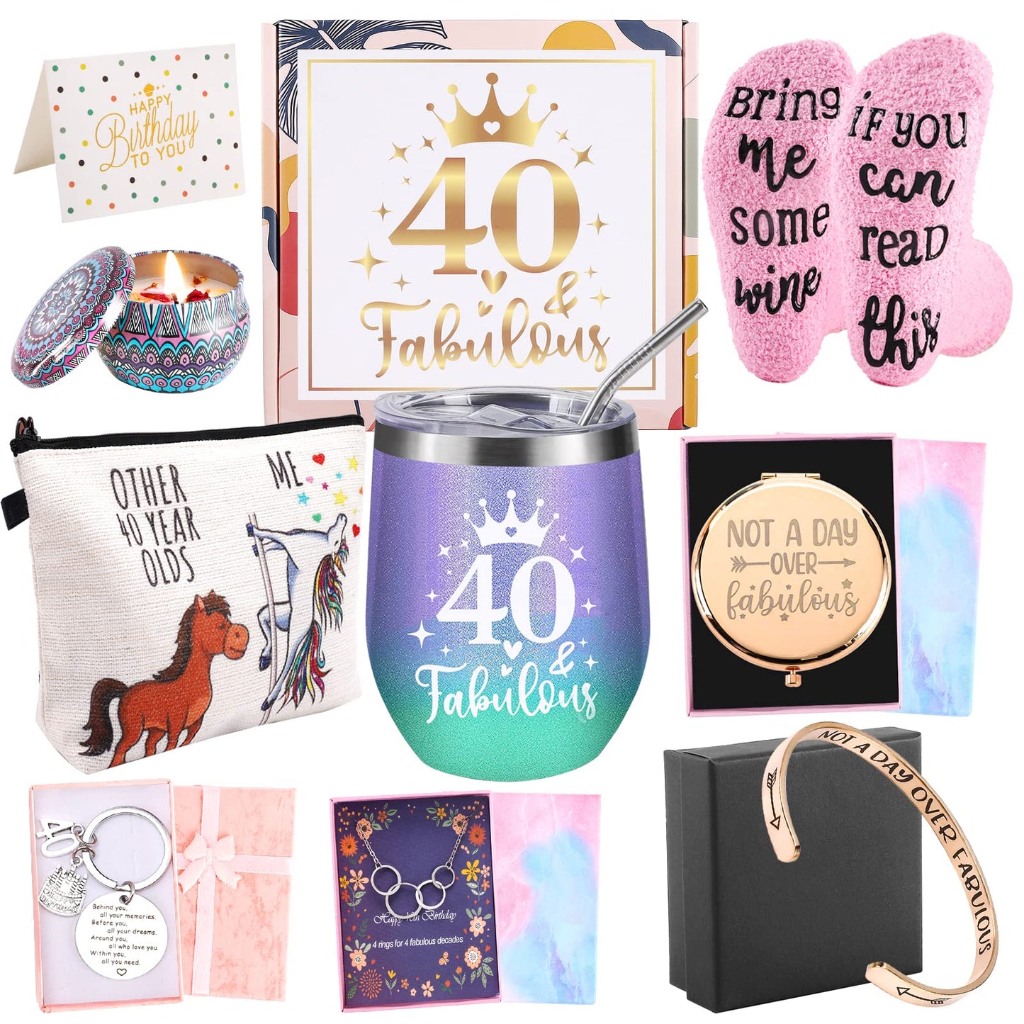 Gifts for a 40th birthday for women, 9 special, unique, fun gifts for women turning 40, wife, mother, sister, friends, ladies, colleagues, socks, wine glass, candle, bracelet.