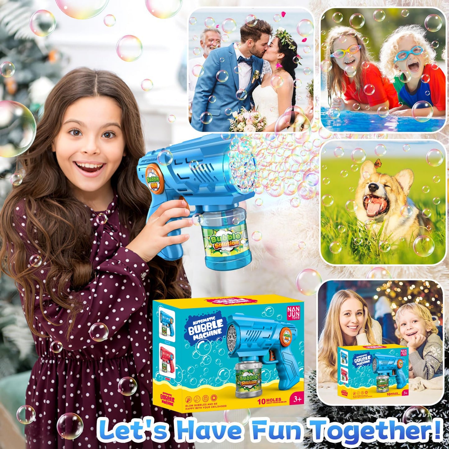 ROMINVIC Bubble Machine, Kids Bubble Gun Machine: LED Electric Bubble Blower With 100 ML Tank Blue Automatic Bubble Maker For Kids Shooter Party Toy