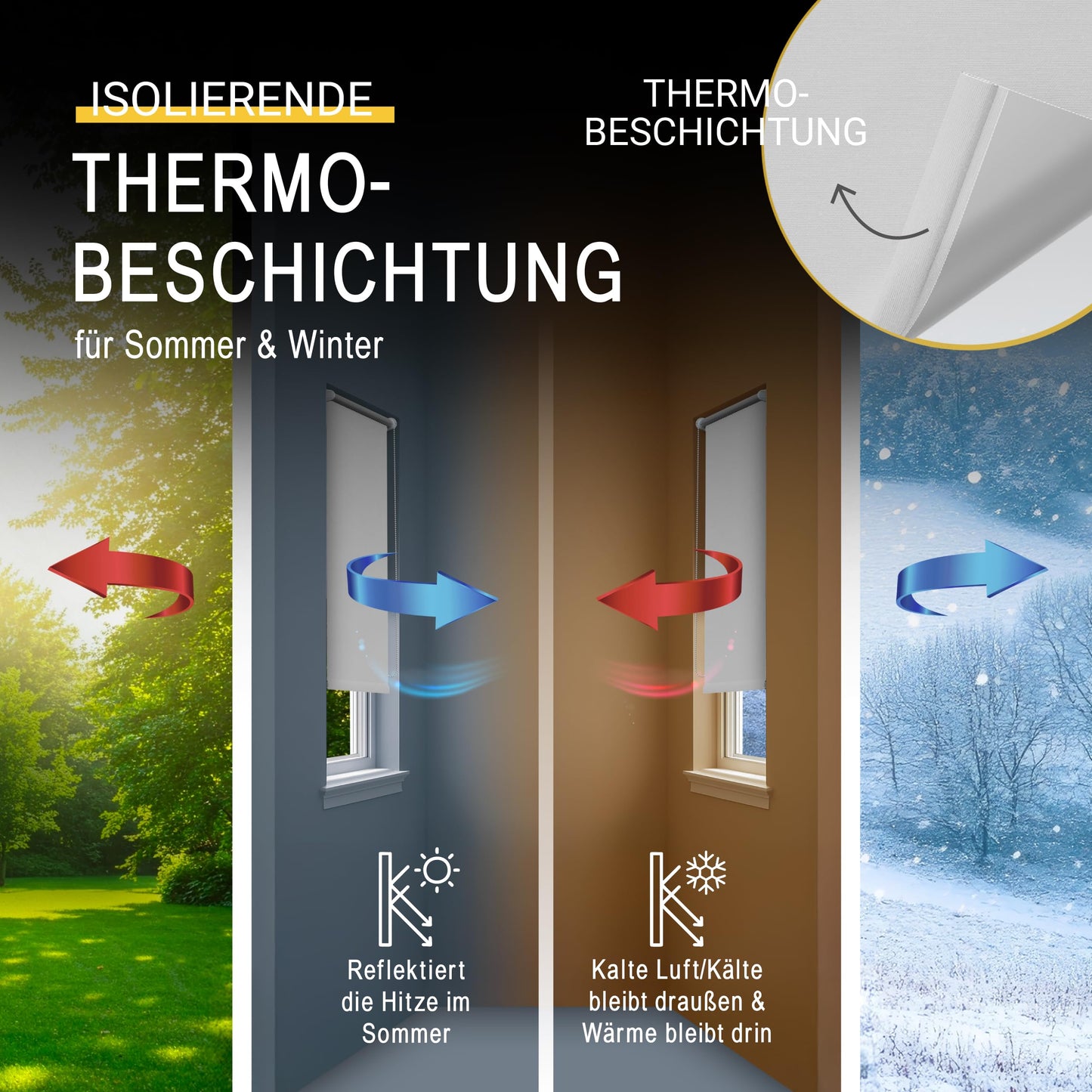 Thermal roller blind for windows without drilling blackout roller blind clamp fix - Sol Royal side pull roller sun protection window interior thermal roller blind without drilling - window roller blind thermo 100x160 cm White T42